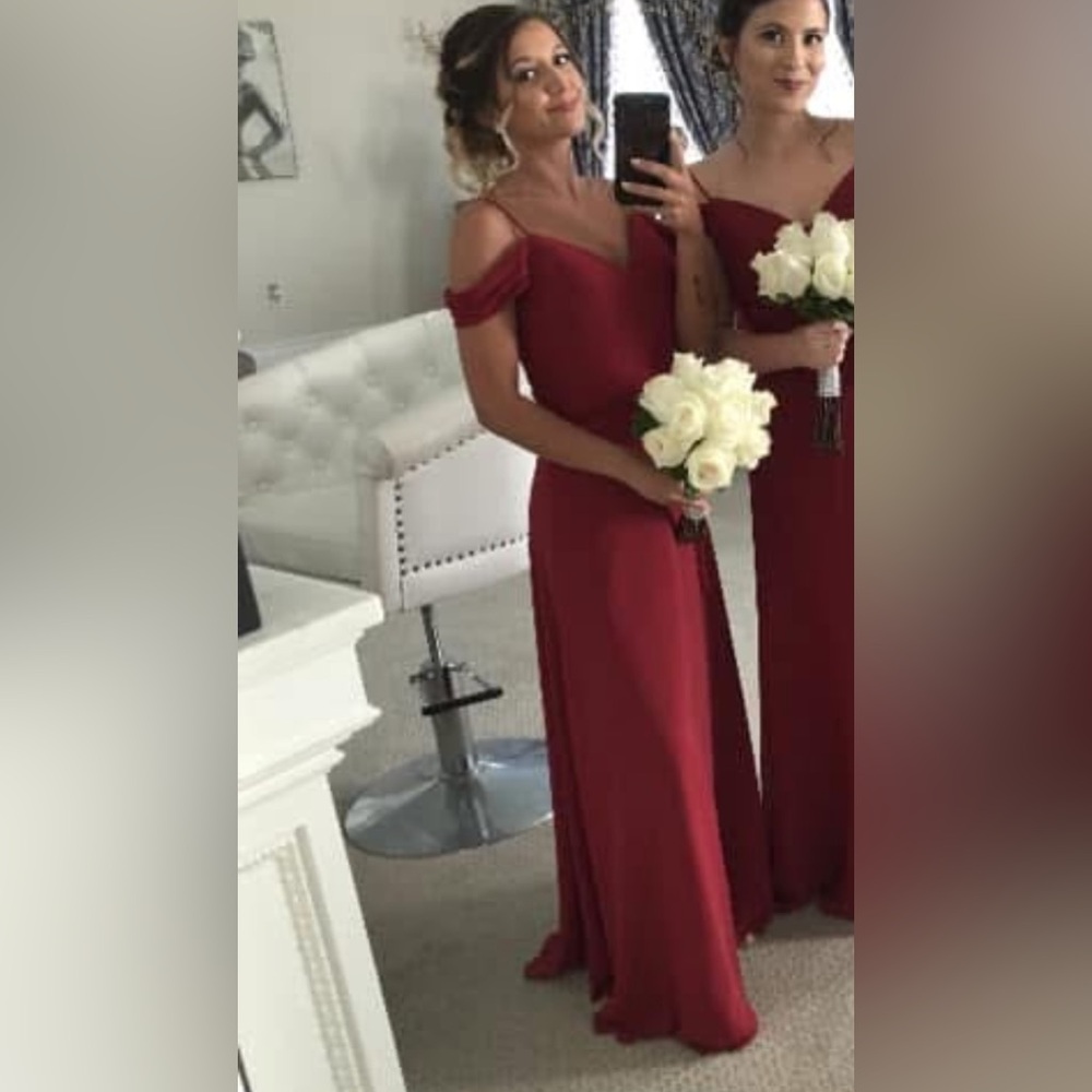 Mori Lee off the shoulder crimson Red gown - Picture 2 of 8
